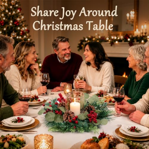 Lewondr 18-Inch Christmas Wreath Candle Holder with Glass Cup and Red Berries, Green & Red