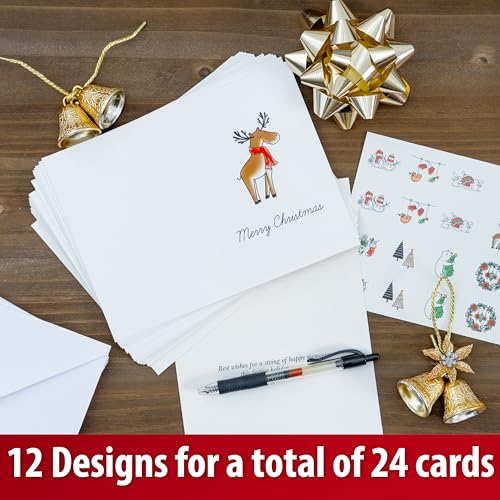 24 Pack Merry Christmas Cards 12 Festive Designs, with Printed White