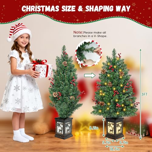 2-Pack 3ft Pre-lit Christmas Tree with 78 LED Lights, Red Berry & Pine Cone, Indoor Outdoor