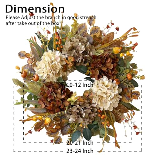 WANNA-CUL 24 Inch Fall Wreath with Hydrangea & Mini Pumpkins - Rustic Autumn Front Door Decor (10-Rustic Hydrangea Variant)