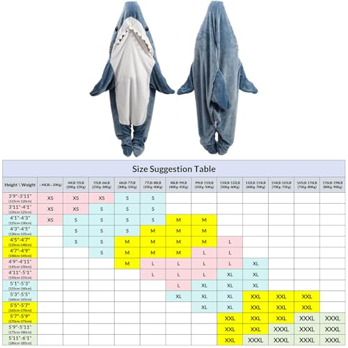 inkArts Shark Blanket Hoodie Onesie for Adults & Kids XXL Wearable Sleeping Bag