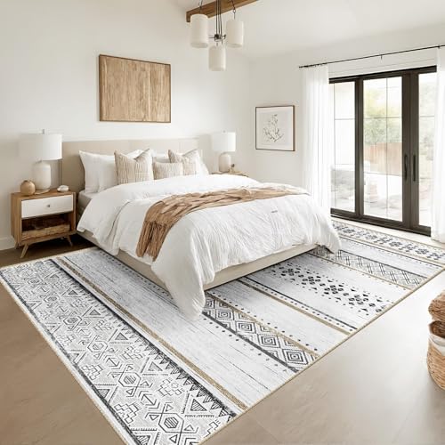8x10 Washable Area Rug for Living Room and Bedroom - Black and Brown - Non-Slip Water-Resistant Boho Style Variation