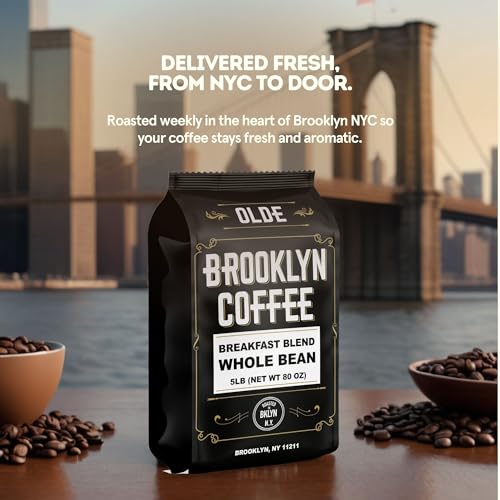 Olde Brooklyn Coffee Whole Bean Breakfast Blend 80oz - Light Medium Roast, Fresh NYC Roasted