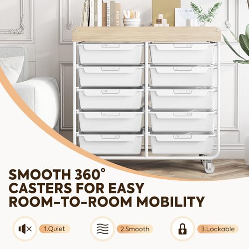 TOOLF White 10 Drawer Mobile Craft Storage Cart with Wood Top