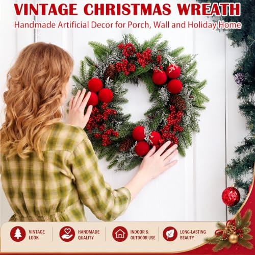 Wavyknot 20inch Christmas Wreath for Front Door - Luxury Pine, Burgundy Velvet Balls & Cedar