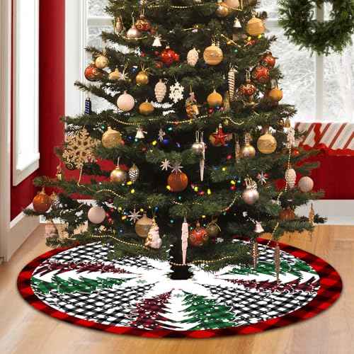 Pines Christmas Tree Skirt 48 Inch, Large Red Black Buffalo Plaid Xmas Tree Skirts, Winter Holiday Tree Mat Decoration