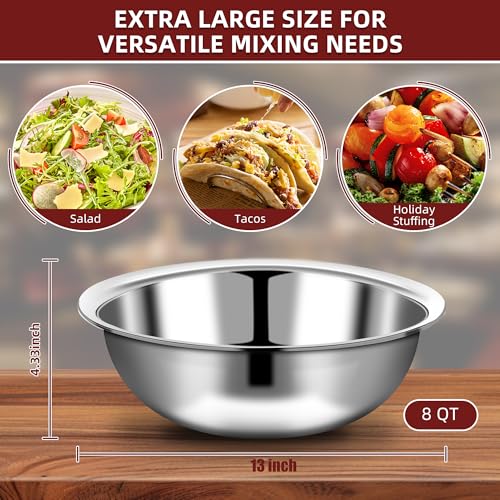 TreeHac 6-Piece Stainless Steel Mixing Bowls Set - 13 Inch, 7 Qt Large Capacity