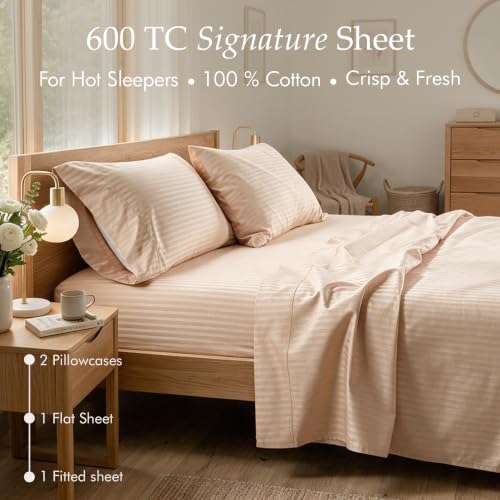 Light Beige Damask 600TC Cotton King Sheet Set - Sateen Bed Linens