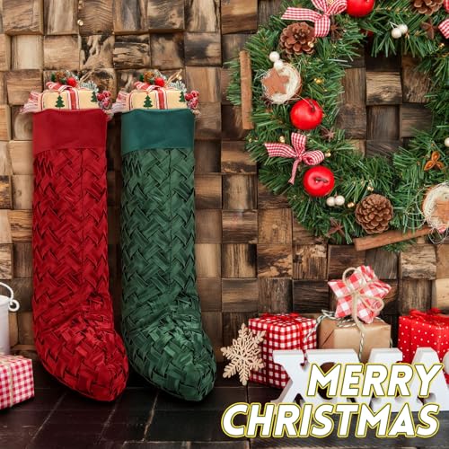 Luxury Satin Christmas Stockings 20-Inch Red and Green Holiday Decor (Set of 2)