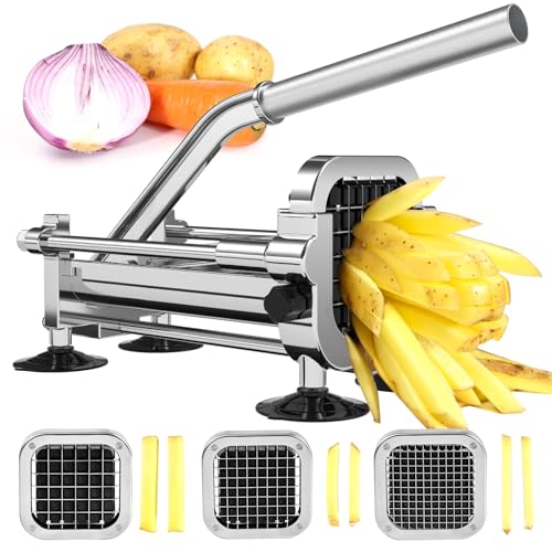 French Fry Cutter - Stainless Steel Potato Slicer with 1/4, 3/8 & 1/2 Inch Blades - Manual Vegetable Cutter with Interchangeable Blades