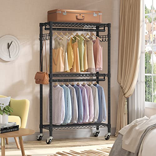 Black R2 Medium Clothes Rack for Hanging Clothes with Lockable Wheels