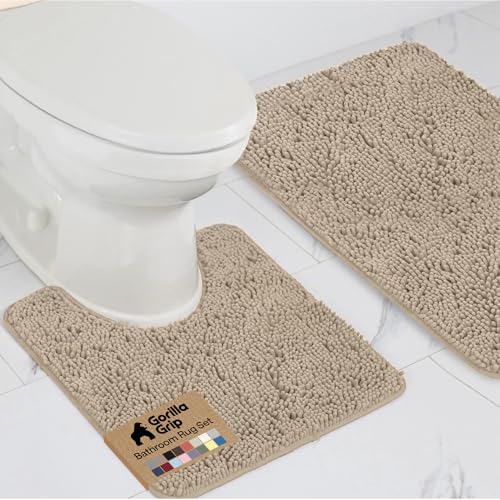 Gorilla Grip 2-Piece Bathroom Rug Set Beige 30x20 & Oval 24x19.5 Chenille Absorbent