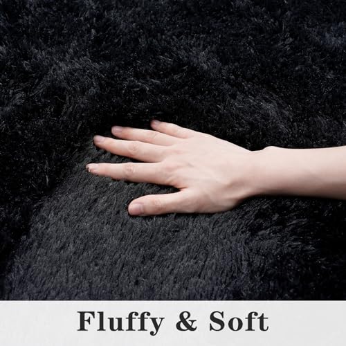 8x10 Black Shag Area Rug - Fluffy Washable Living Room Carpet with Non-Slip Backing