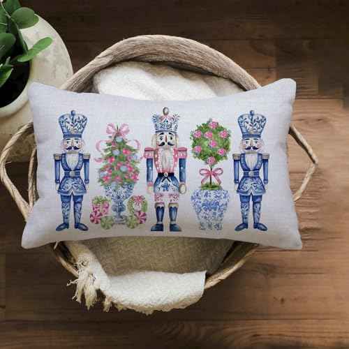 Merry Christmas Throw Pillow Cover 12x20 Inch Chinoiserie Nutcracker Christmas Decor Winter Holiday Party Cushion Case Decoration for Sofa Couch