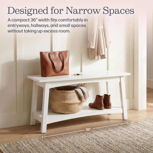 White Entryway Bench with Storage Shelf - 36-Inch Modern Farmhouse Shoe Organizer