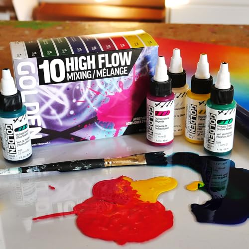 GOLDEN High Flow Acrylic Paint Set - 10 Colors for Airbrush & Art