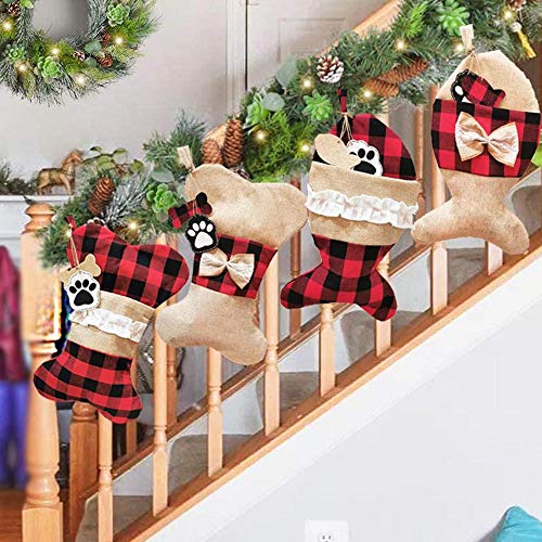 YELAIVP Set of 4 Pet Christmas Stockings Burlap Plaid Holiday Hanging Socks for Dogs Cats