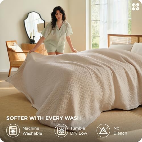 Bedsure Cotton Muslin Blanket Queen Linen Beige 8-Layer Breathable Comfort