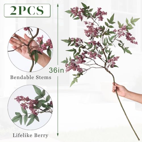 Artificial Nandina Berry Stems 36 Inch - Dusty Plum, 2 Pack for Vase Decor - Realistic Faux Flowers