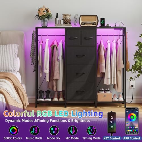 5-Drawer Dresser with Hanging Racks - Black, 49.2" Wide, Modern Storage