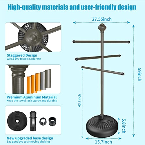 Gray 59-Inch Outdoor Pool Towel Rack with Adjustable Bars & Stable Base