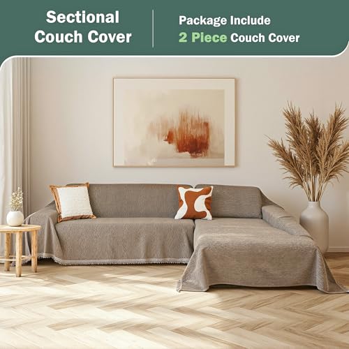 X-Large Couch Cover Set for Sectional Sofas - Sand Chenille Slipcover, Washable & Pet-Friendly