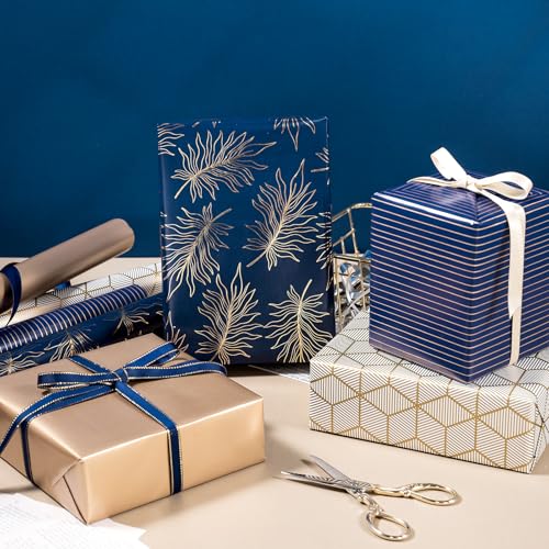 WRAPAHOLIC 30 Inch Navy Wrapping Paper - Jumbo Roll Gold and Print