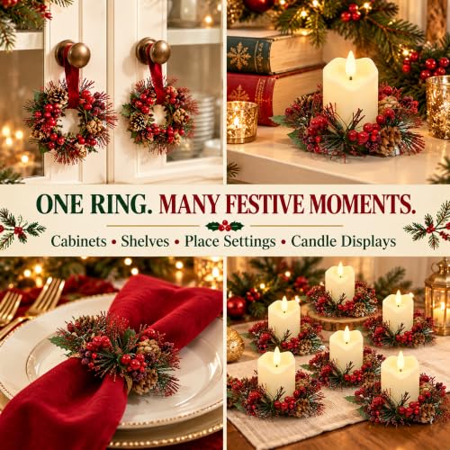 Ringwreath-6pc Candle Ring Wreaths for Tables, Faux Pine Cones, 6.5cm dia, Flameless Compatible (MERRI GLOW)