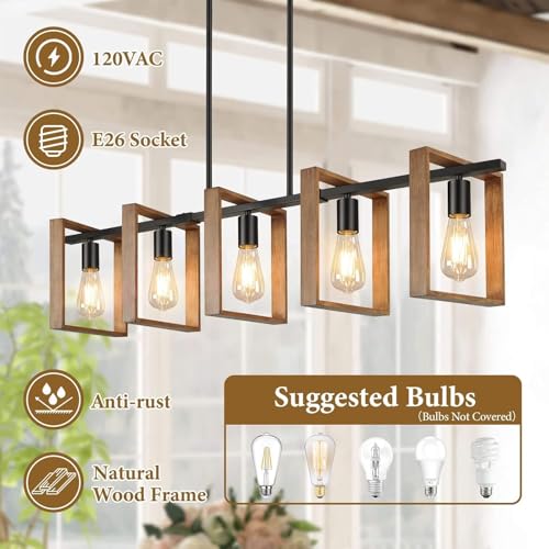 Brightever Wood Farmhouse Kitchen Island Light 5-Light Adjustable Pendant, Rustic Black Finish
