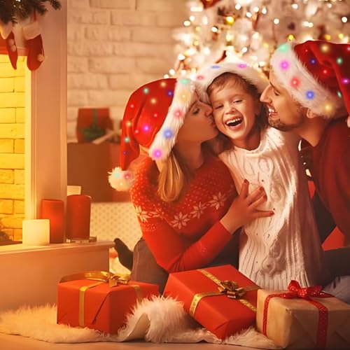 Light Up Christmas Santa Hat,Red Velvet Xmas Costume Hats for Adult Women Men Party Holiday Unisex New Year Festive Headwear