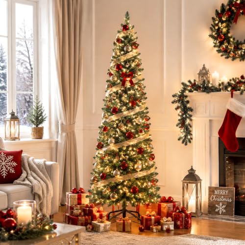 6ft Pre-Lit Slim Artificial Christmas Tree with Warm White LED Lights - Green, Foldable Stand