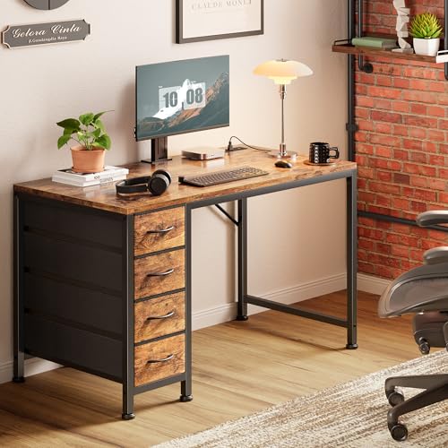 PRAISUN Rustic Brown 39.4 Inch Computer Desk with Power Outlets & USB-C Port, Reversible Gaming & Office Workstation