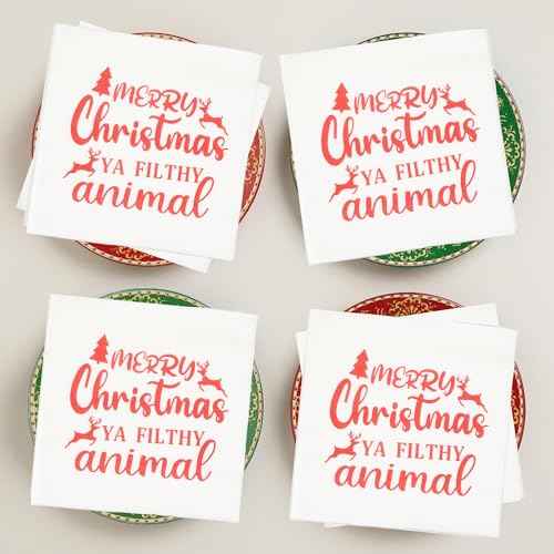 Merry Christmas Ya Filthy Animal Napkins, Christmas Vacation Party Decorations, ZJ National Holiday Party Decorations Napkins(5 x 5 In, Red Foil, 50-Pack)