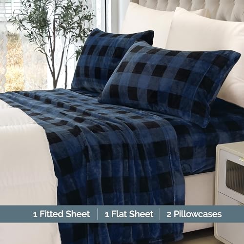 Elegant Comfort Buffalo Blue Queen Velvet Flannel Sheet Set - Soft Warm Cozy Bedding