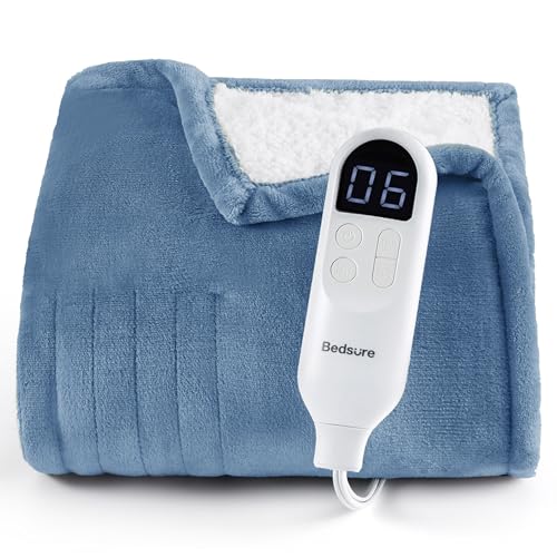 Bedsure Blue Heated Throw Blanket with Preheat - Soft Electric Blanket, 6 Heat & Timer Levels