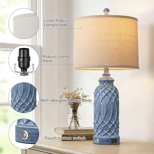 Blue Resin Table Lamp with Touch Dimming & USB Ports - 26.5''