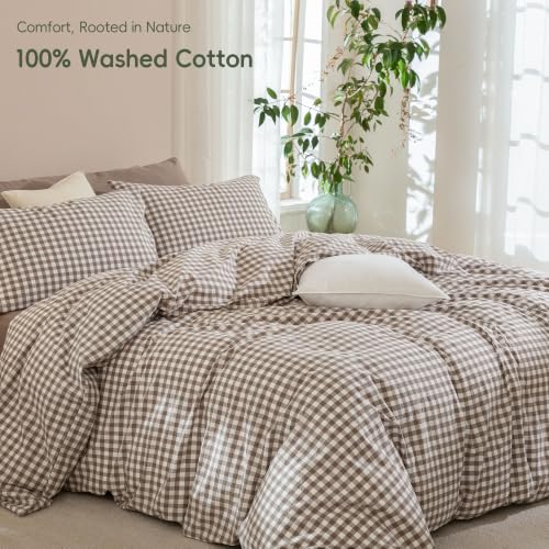 JIYUAN California King Cotton Duvet Cover Set Light Brown Gingham - No Comforter