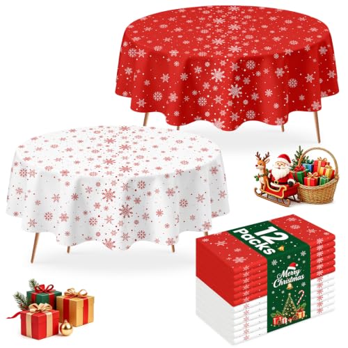 LANLISA 12 Pcs Red White Snowflake 84” Round Disposable Plastic Tablecloths Set