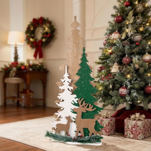 Woodland Trees Christmas Porch Sign with Reindeer & Pinecones - Holiday Front Door Decor - Variations Available