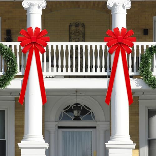 2 Pieces Extra Large Red Velvet Christmas Bows 70 x 19 Inches with Gold Glitter Edge - 6-Loop Decor