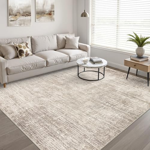 Abstract Brown Washable Area Rug 8x10 for Living Room - Neutral Modern Design