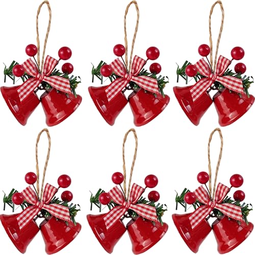 TIHOOD 6PCS 3inch Red Christmas Bells, Tree Hanging Ornament Metal Jingle Bells for Christmas Holiday Decoration