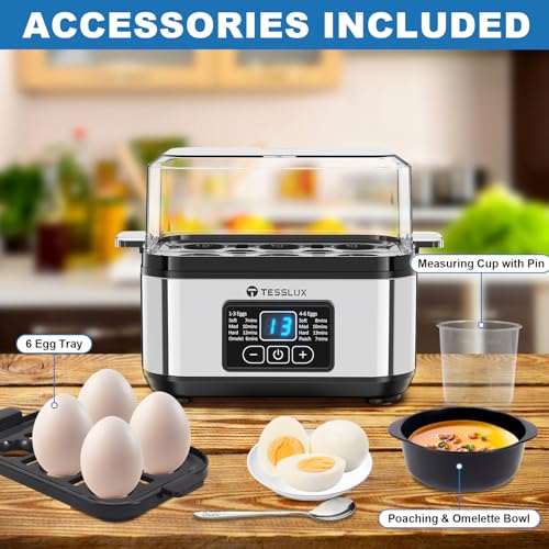 Tesslux Silver Electric Egg Cooker - 6 Egg Capacity, Hard & Soft-Boiled, Poached