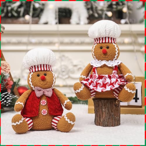 Adorable Christmas Gingerbread Man Plush Toy-9.4in Gingerbread Shape Stuffed Animal,Gingerbread Plush Doll for Christmas Tree Topper Xmas Party Decor (boy+Girl)