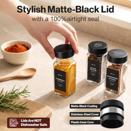 Glass Spice Jars with Labels and Black Steel Lids - 36 Pack, Space Saving Seasoning Storage
