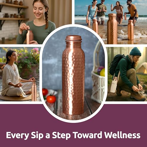 Hammered Copper Water Bottle 34 OZ - Pure, Ayurvedic, Leak-Proof, On-the-Go