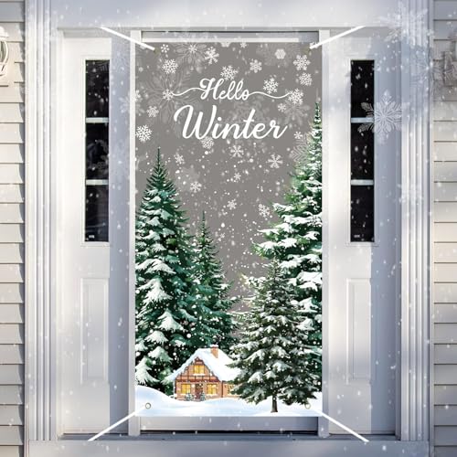 Grey Winter Forest Door Cover Banner 180x90cm with Hanging Rope