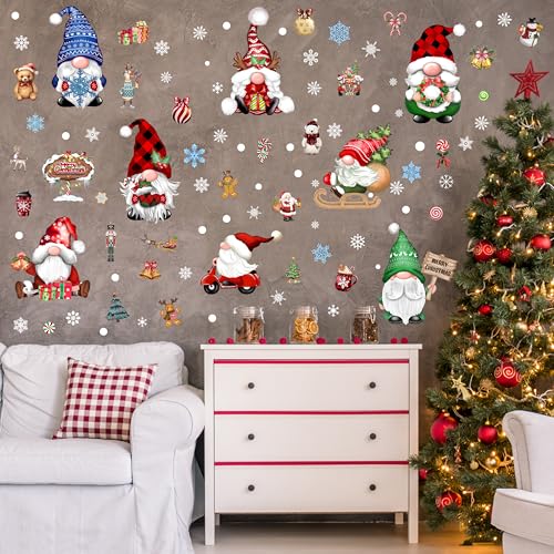 Christmas Gnomes Wall Stickers Decals - 12 Sheets Snowflake Vinyl Winter Gnome Decor