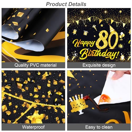 Durony Black Gold 80th Birthday Tablecloth 2 Pack, Waterproof PVC 108 x 54 in