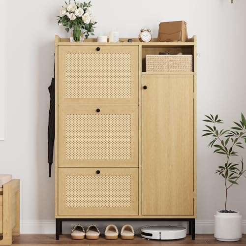 Garvee 3-Drawer Light Oak Shoe Cabinet with 4-Tier Storage & Rattan Doors